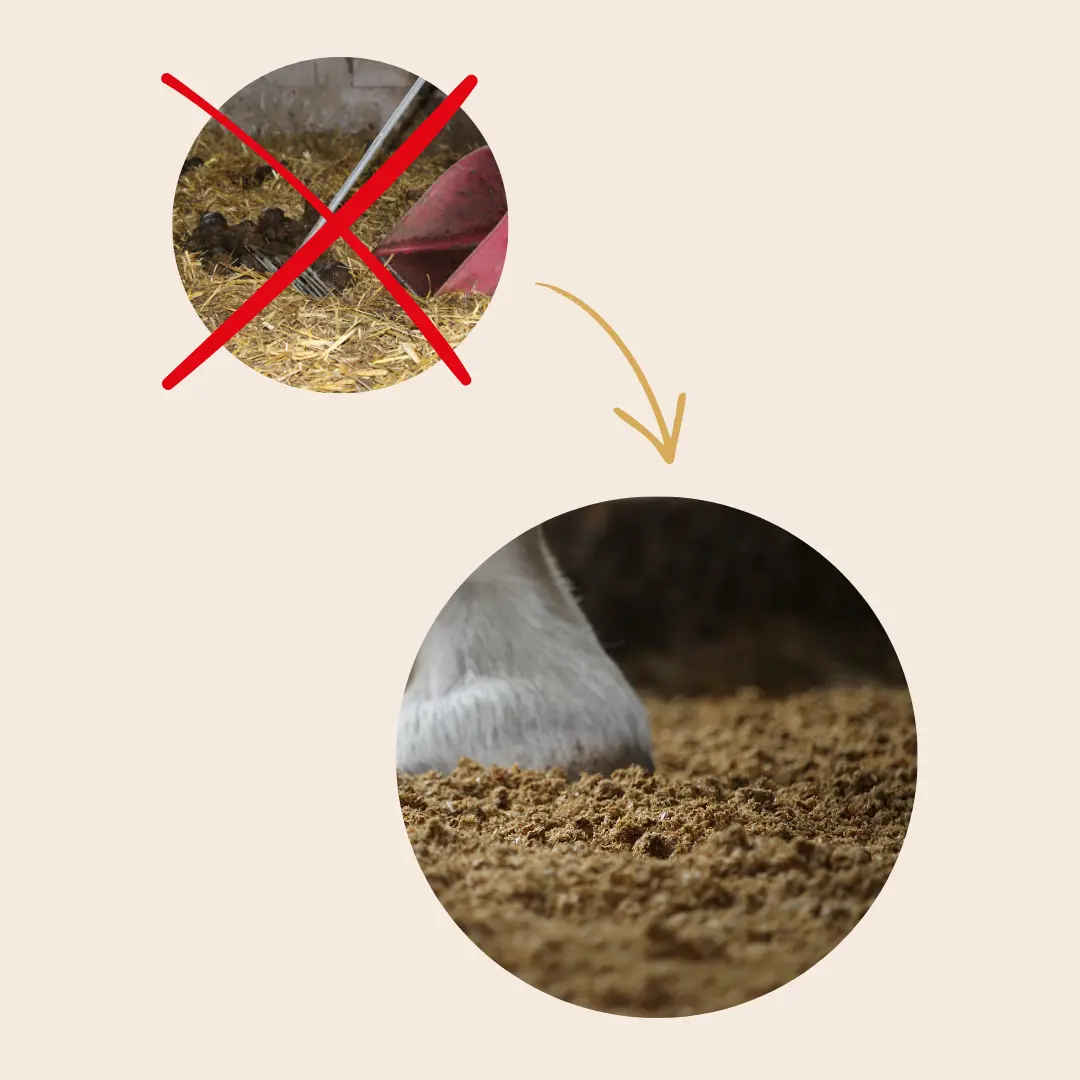 Im Bild sieht man klassische Stroheinstreu welche durchgestrichen ist und Stroh Pellets Einstreu