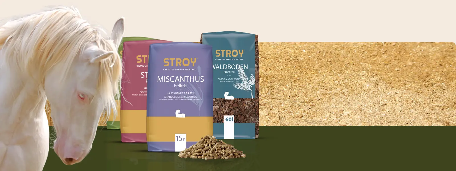 vier Einstreuarten auf einer Palette